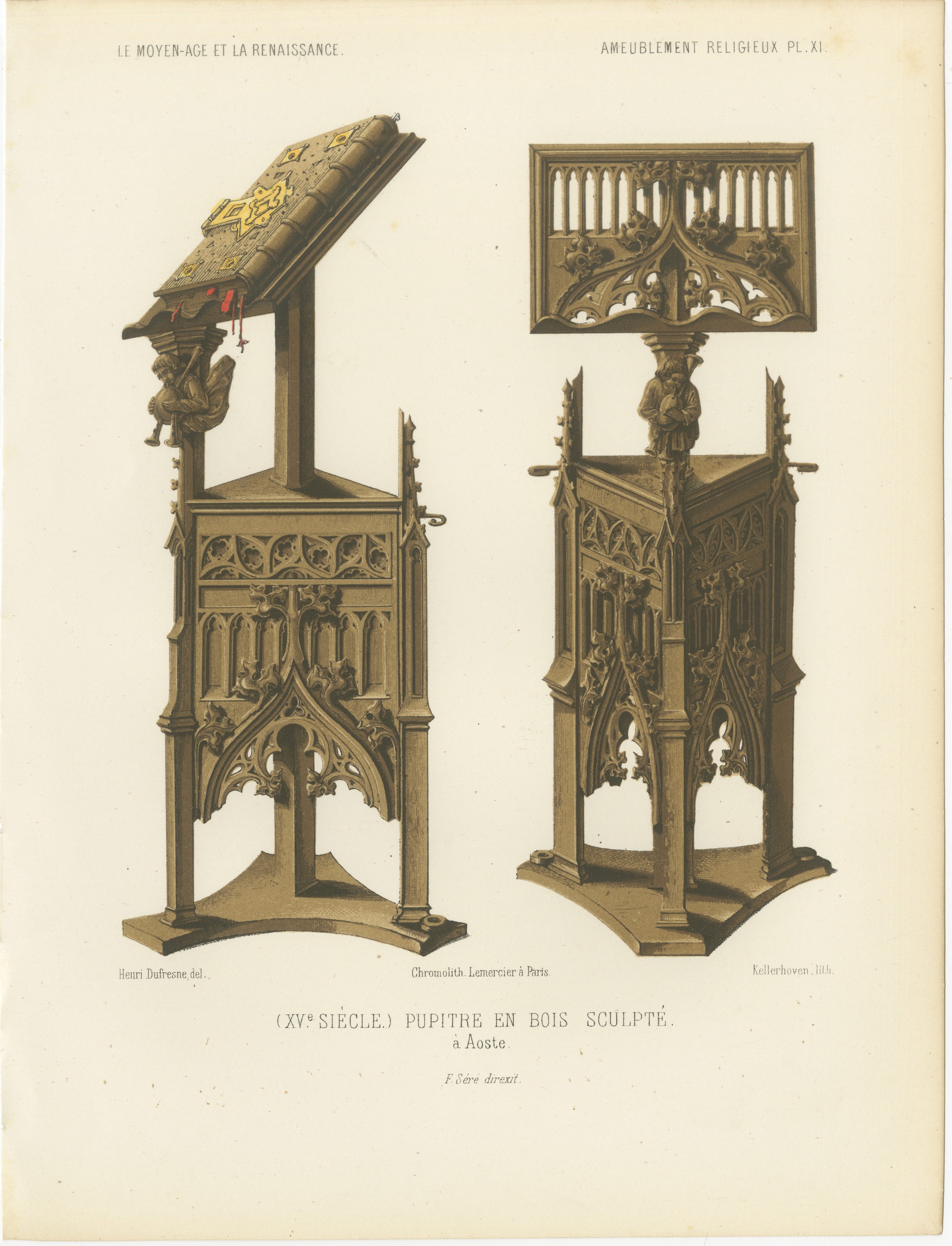 Carved Wooden Lectern at Aosta, Fifteenth Century, Antique Print, 1851