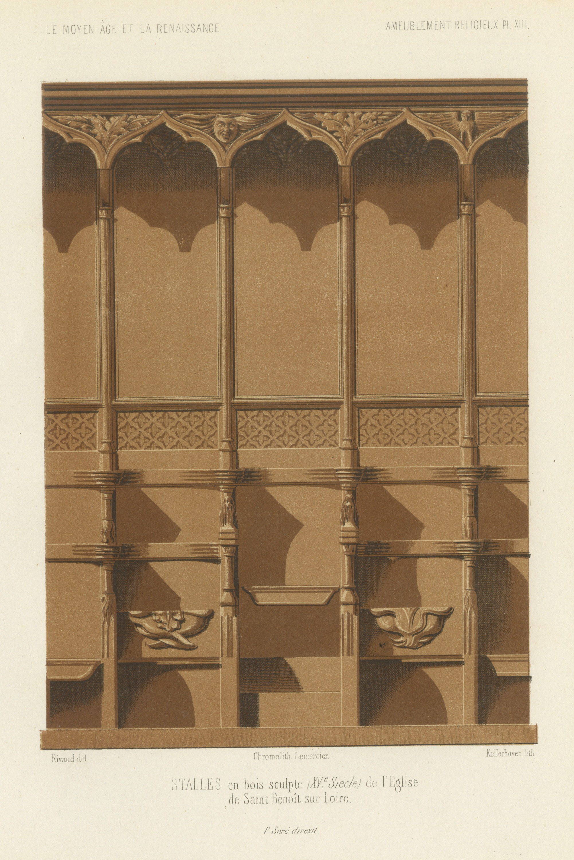 Choir Stalls of Saint Benoît sur Loire, Antique Print, 1851