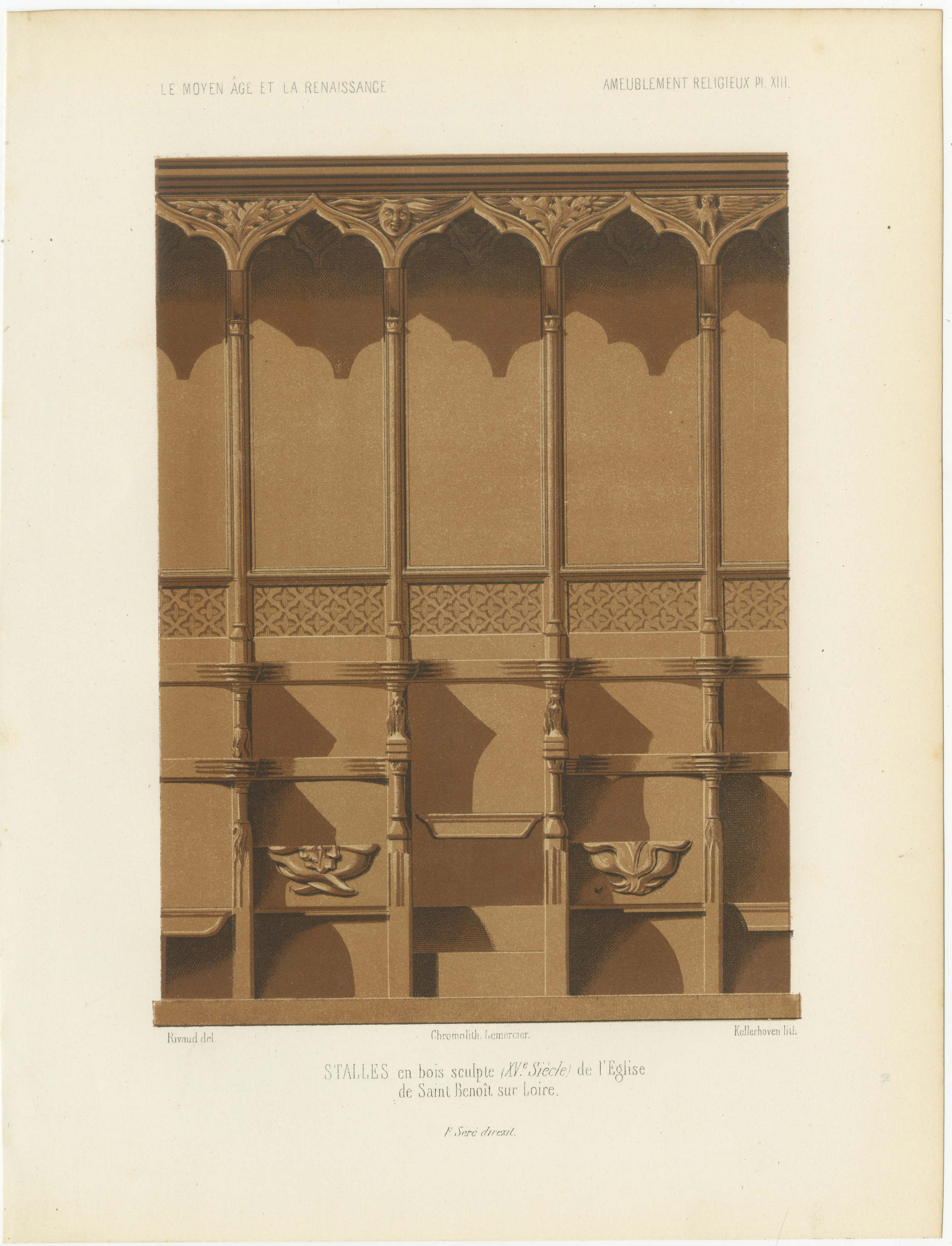 Choir Stalls of Saint Benoît sur Loire, Antique Print, 1851