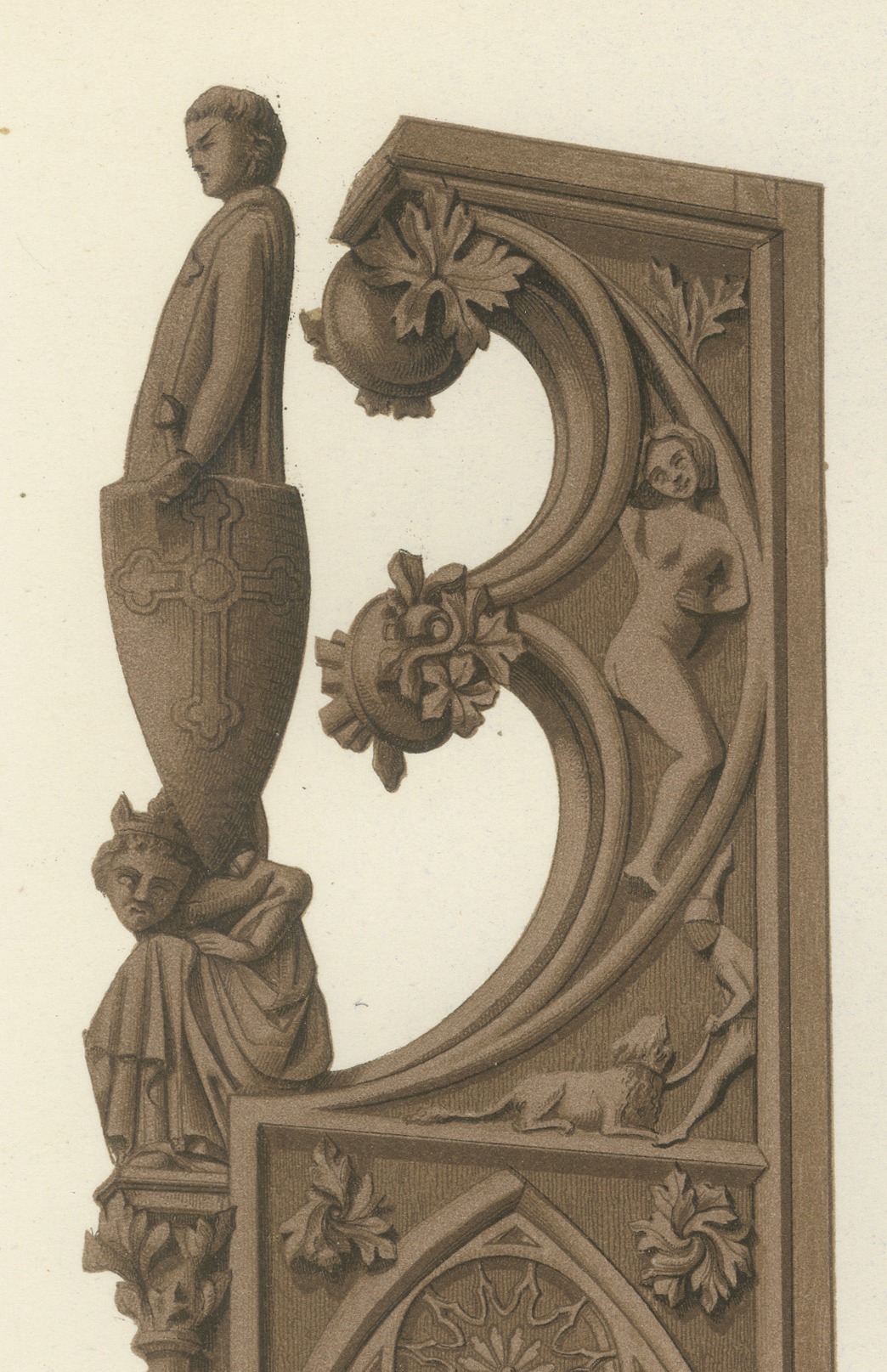 Carved Oak Stalls, Cologne and Aosta, Antique Print, 1851