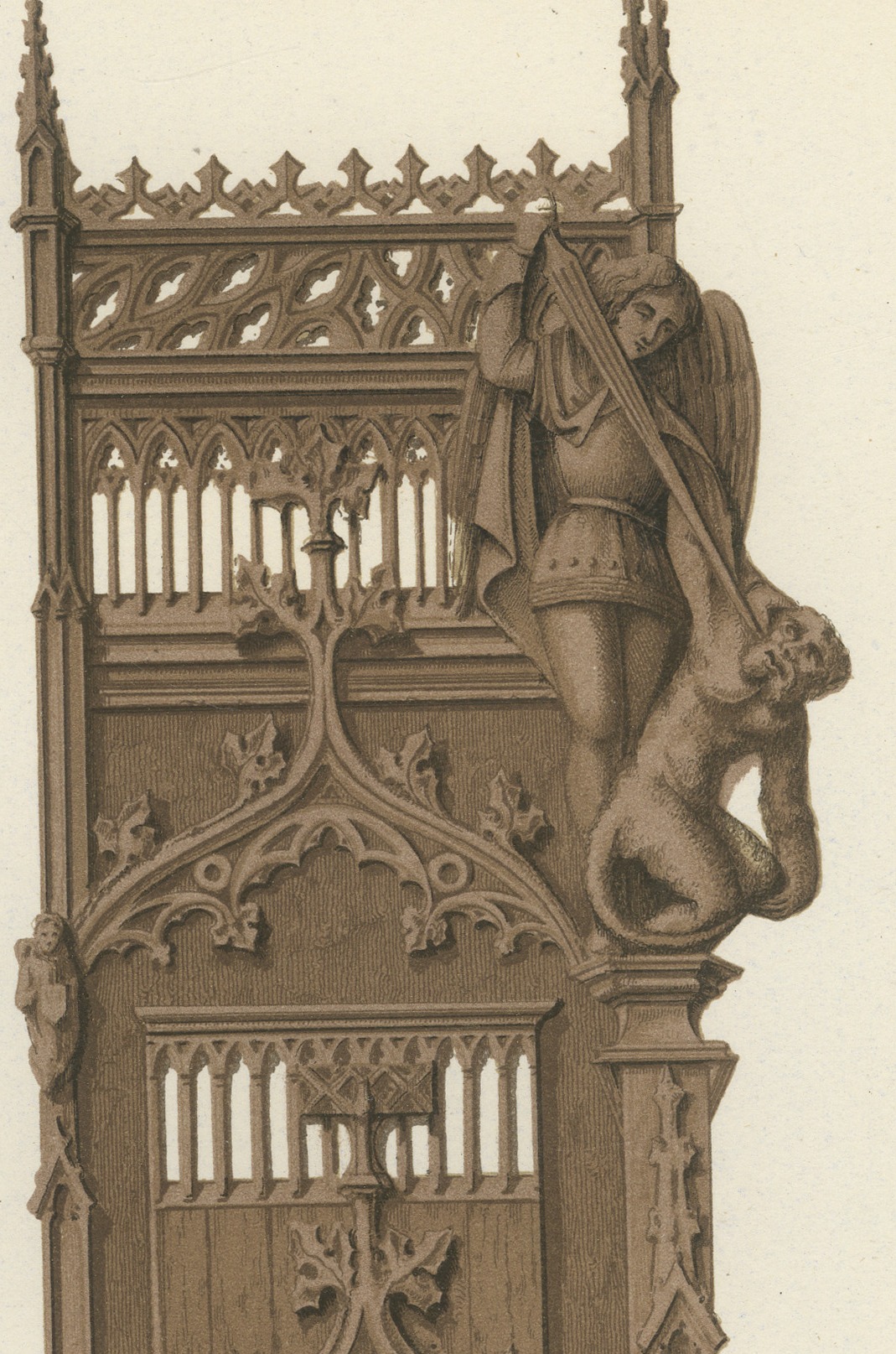 Carved Oak Stalls, Cologne and Aosta, Antique Print, 1851