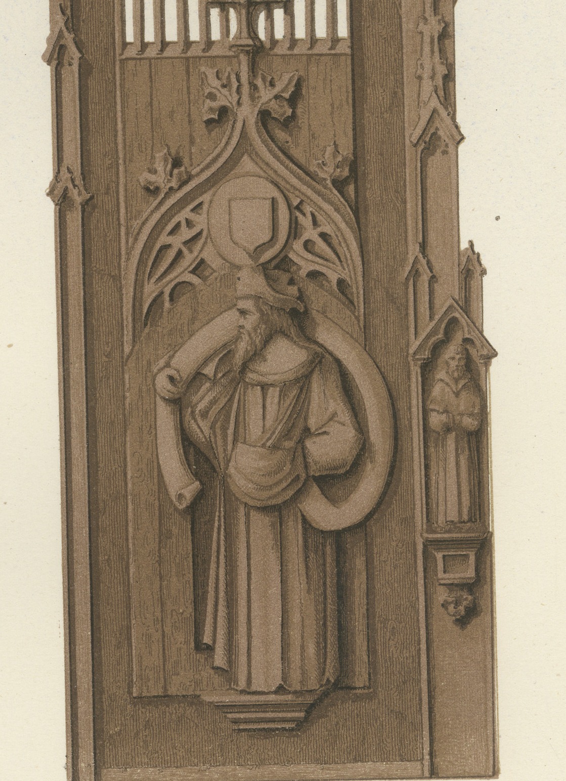 Carved Oak Stalls, Cologne and Aosta, Antique Print, 1851