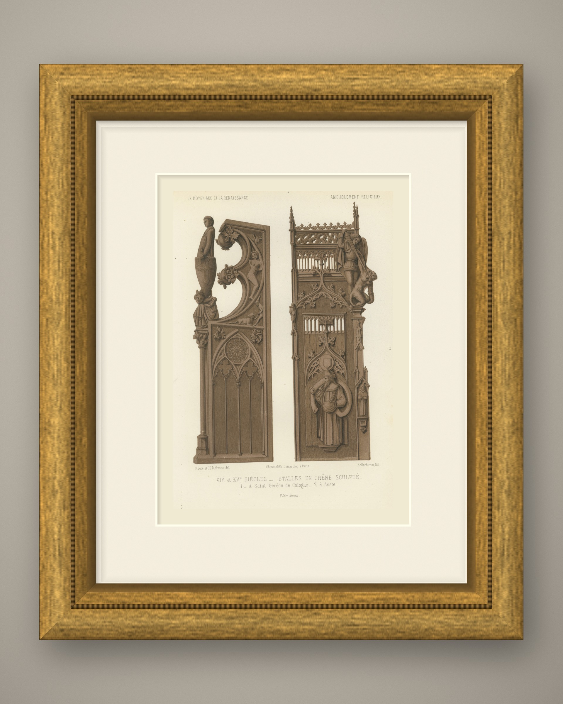 Carved Oak Stalls, Cologne and Aosta, Antique Print, 1851