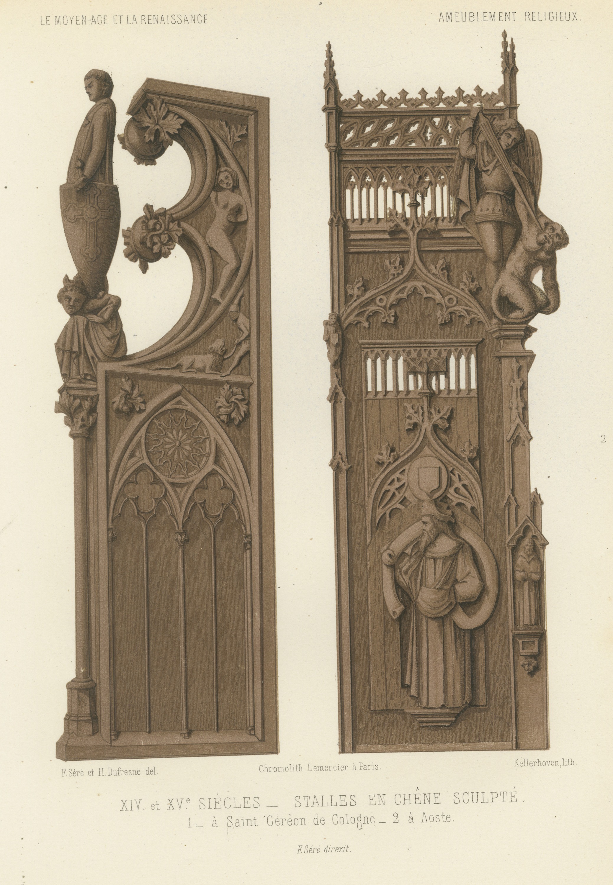 Carved Oak Stalls, Cologne and Aosta, Antique Print, 1851