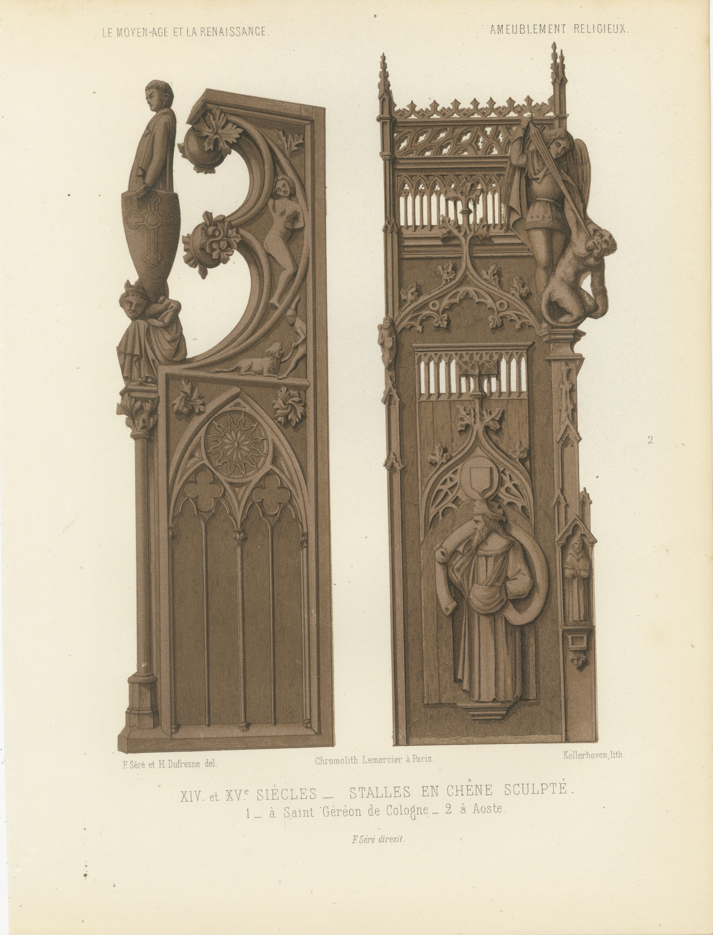 Carved Oak Stalls, Cologne and Aosta, Antique Print, 1851