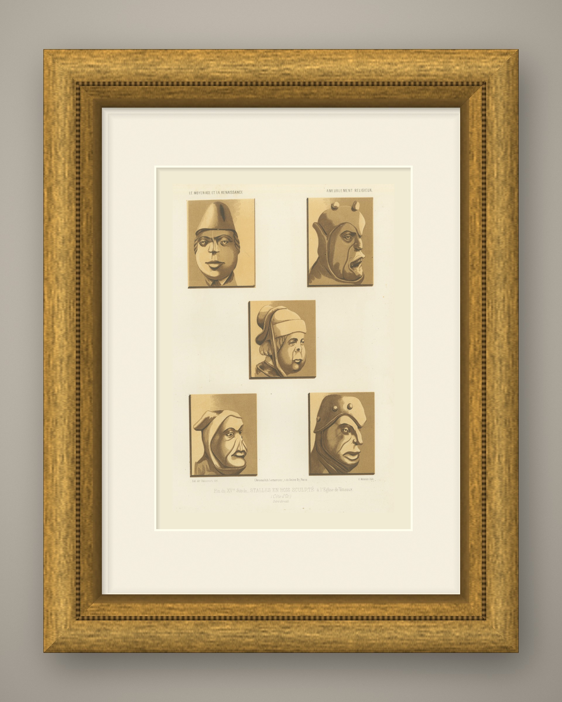 Carved Stall Heads, Vitteaux, Antique Chromolithograph, 1851