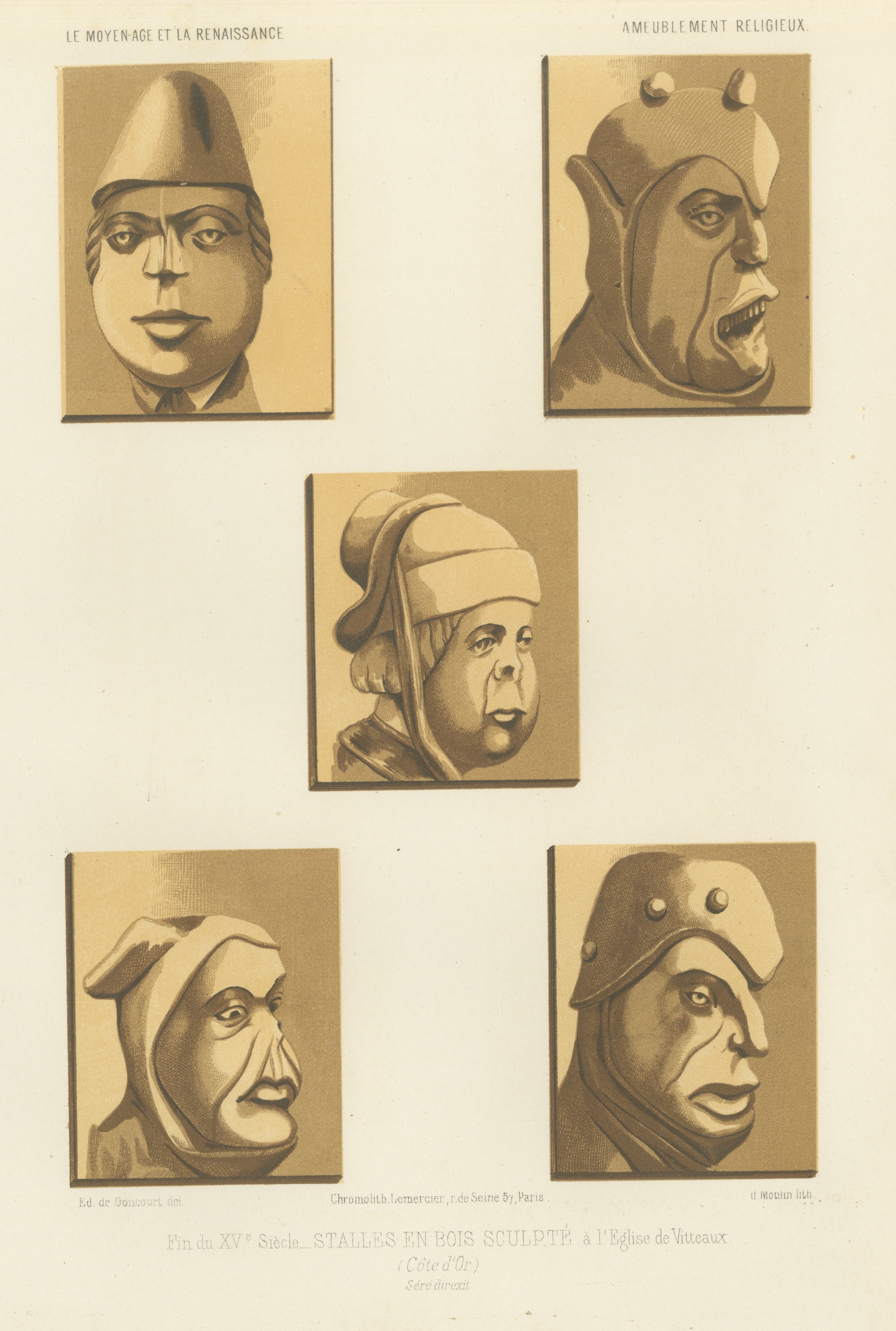 Carved Stall Heads, Vitteaux, Antique Chromolithograph, 1851