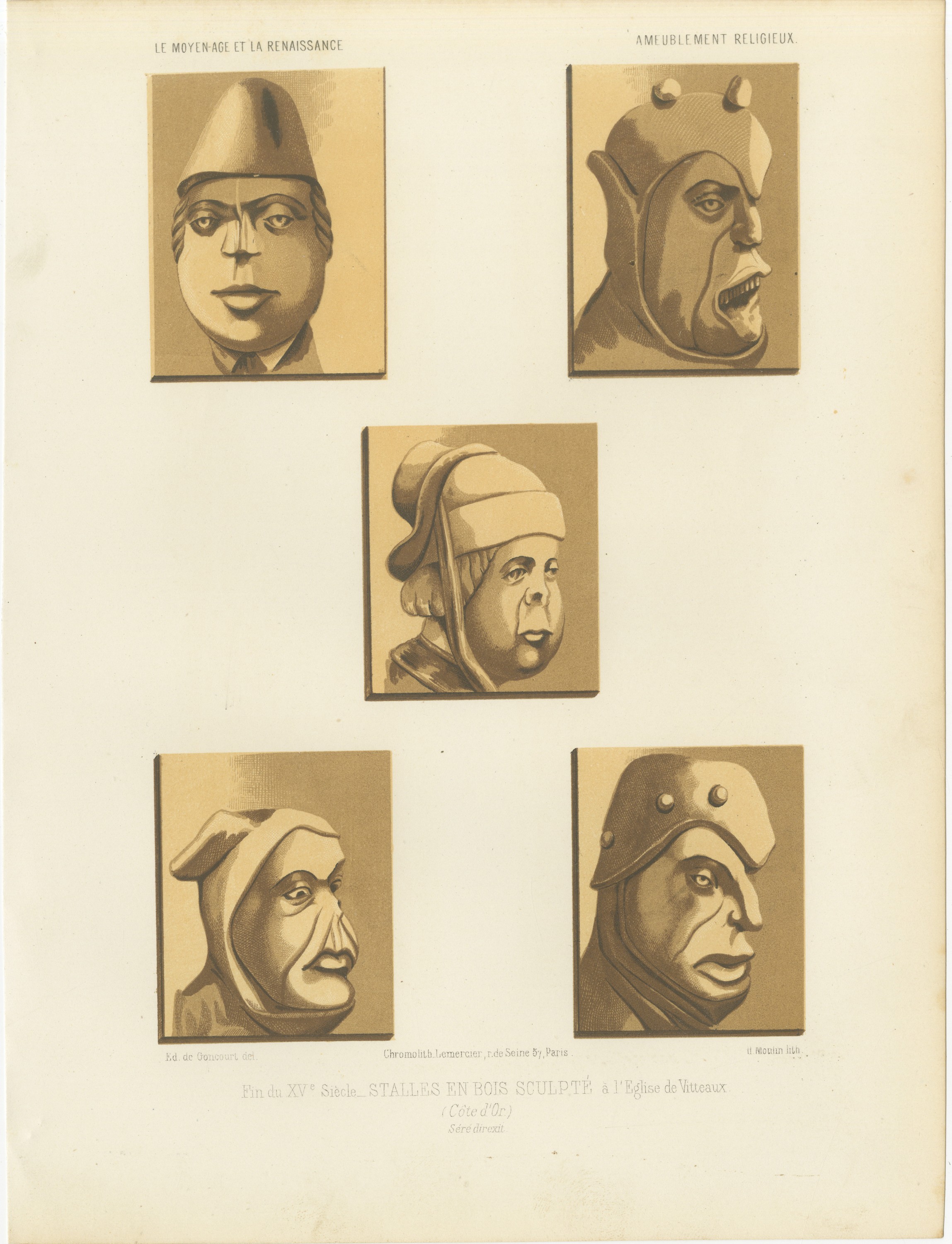 Carved Stall Heads, Vitteaux, Antique Chromolithograph, 1851