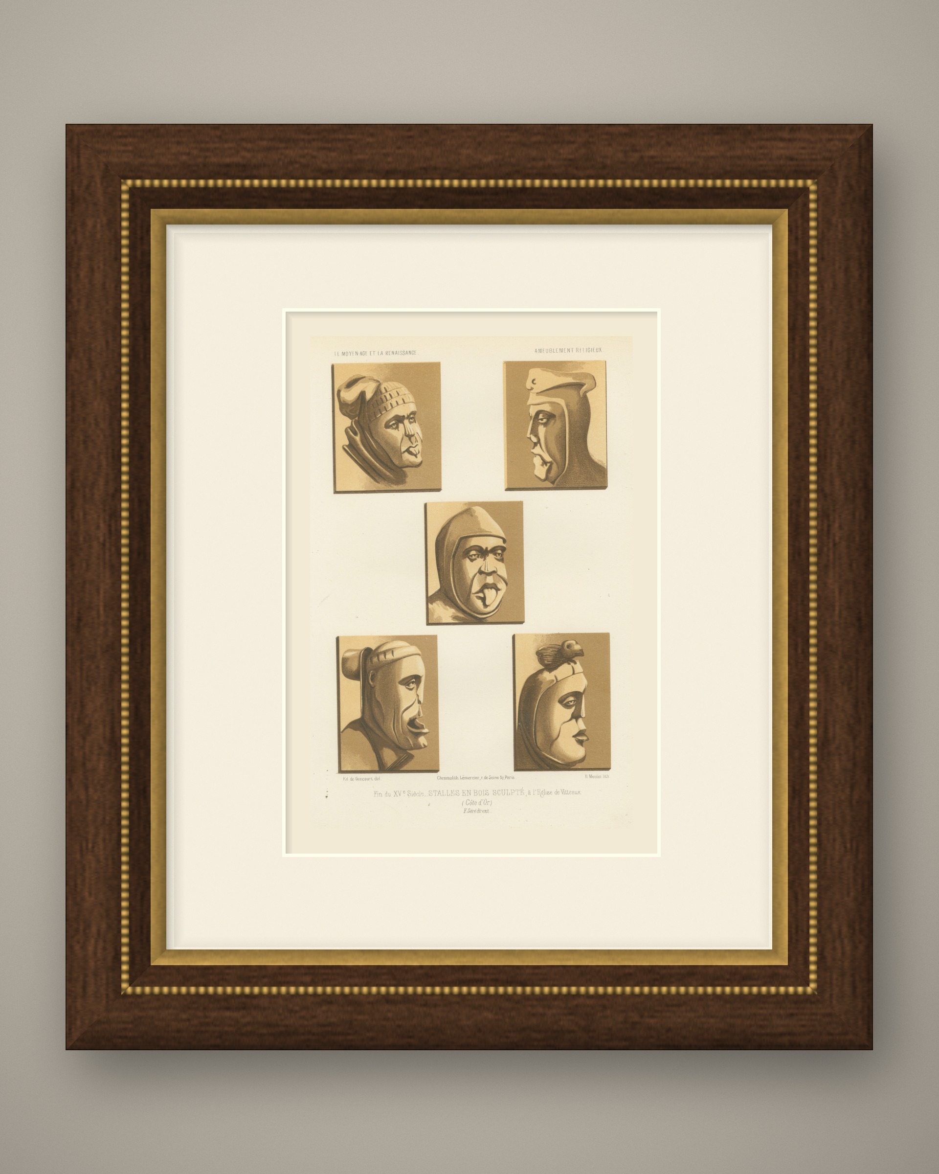 Carved Stall Heads at Vitteaux, Côte d'Or, Antique Print, 1851