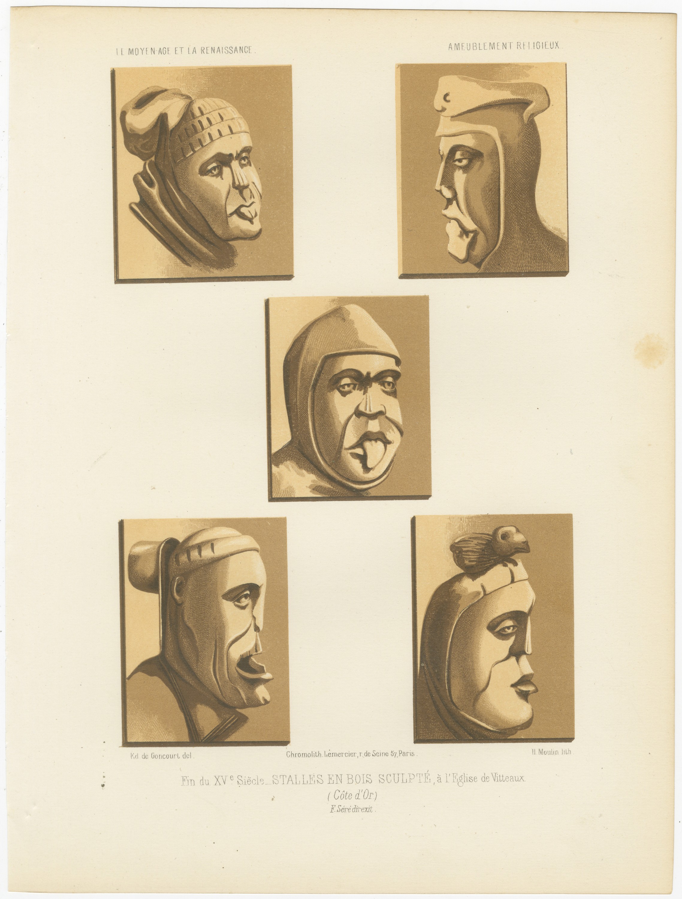 Carved Stall Heads at Vitteaux, Côte d'Or, Antique Print, 1851