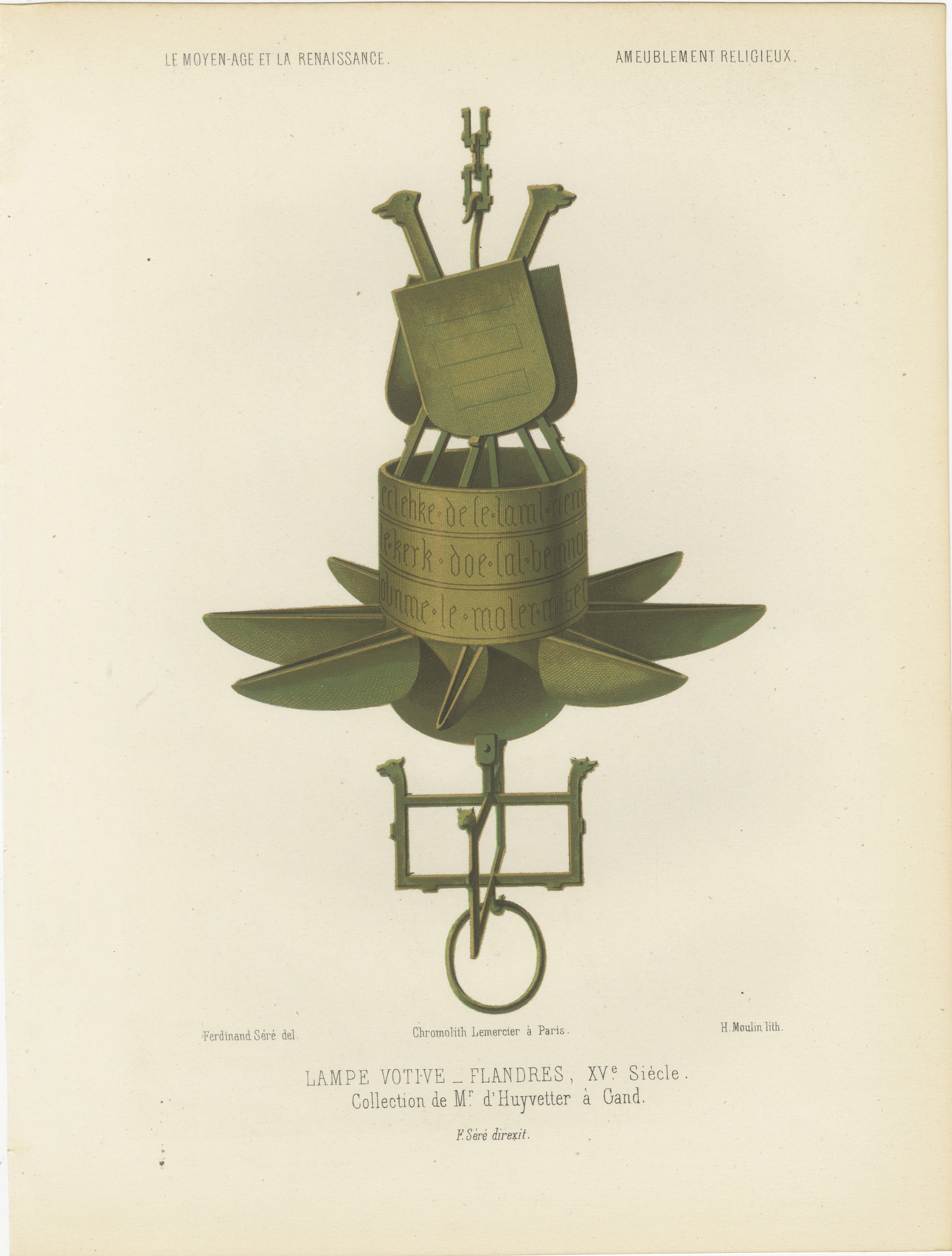 Flemish Votive Lamp, Fifteenth Century, Antique Print, 1851
