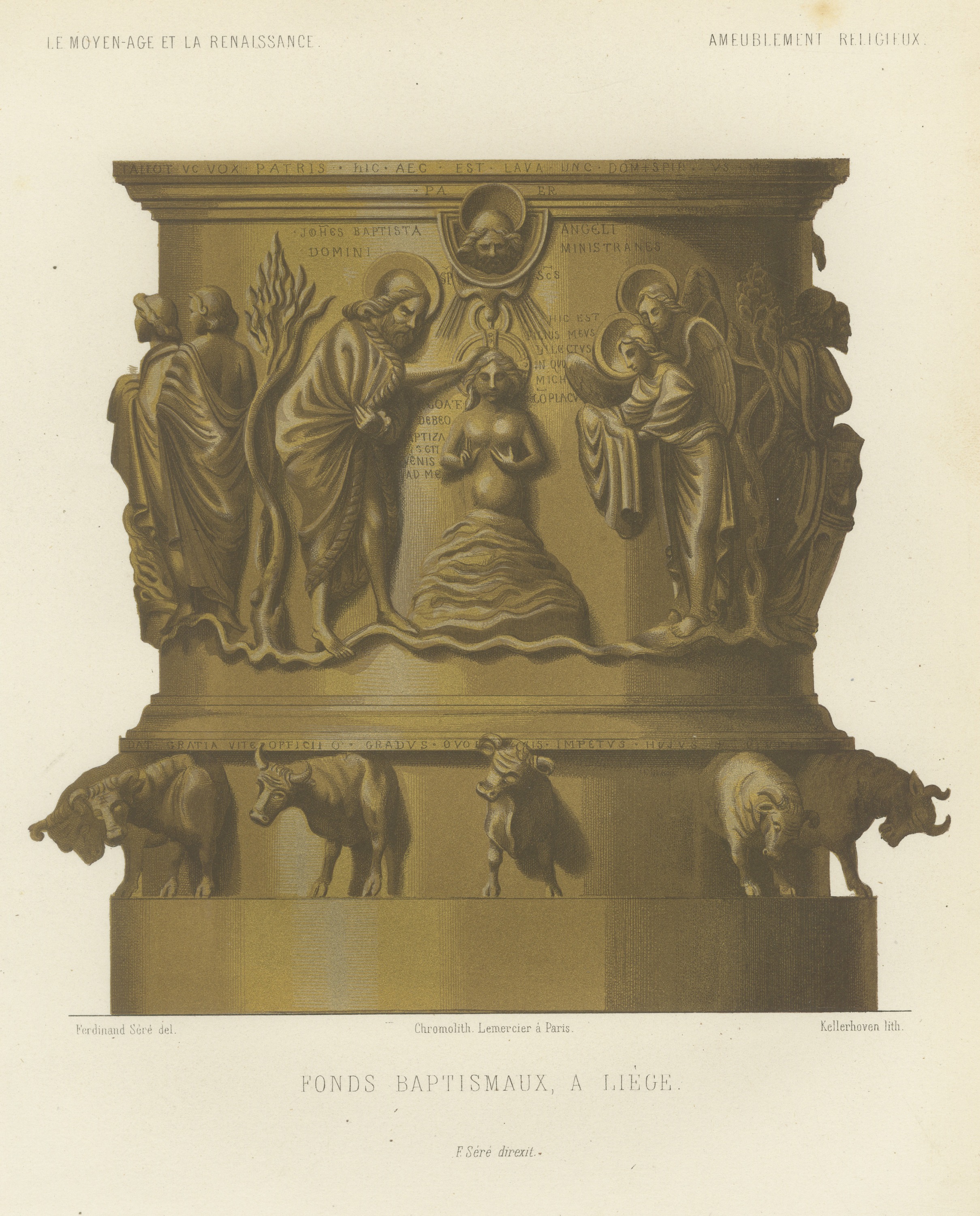 Baptismal Font at Liège, Antique Chromolithograph, Lacroix, 1851