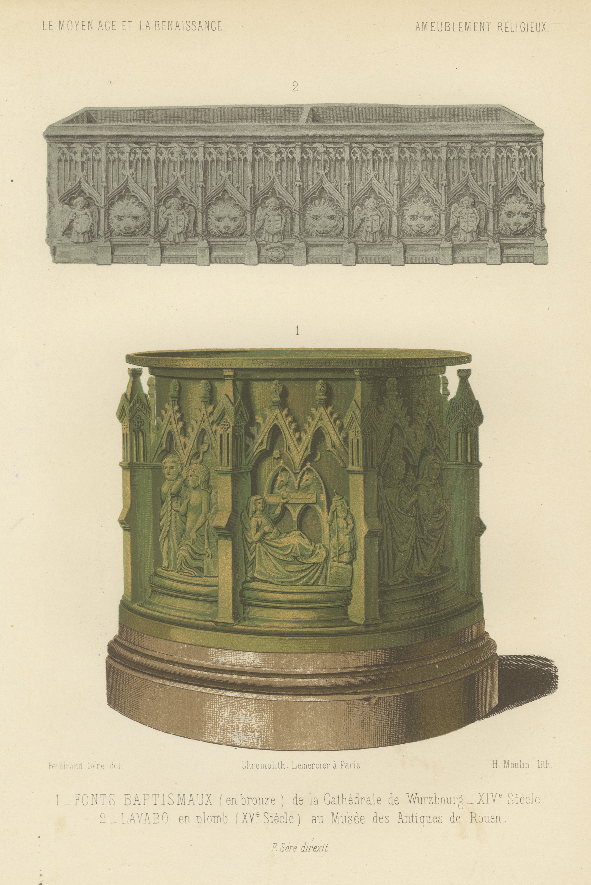 Würzburg Bronze Font and Rouen Lead Lavabo, Antique Print, 1851