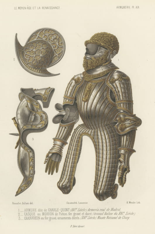Armor of Charles the Fifth, Morion and Chanfron, Antique Print, 1851