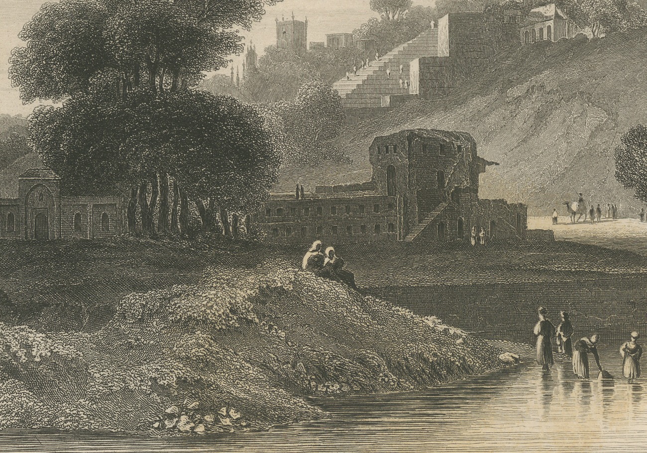 Fatehpur Sikri, Hilltop Palace above a Lake, Antique Steel Engraving, 1859