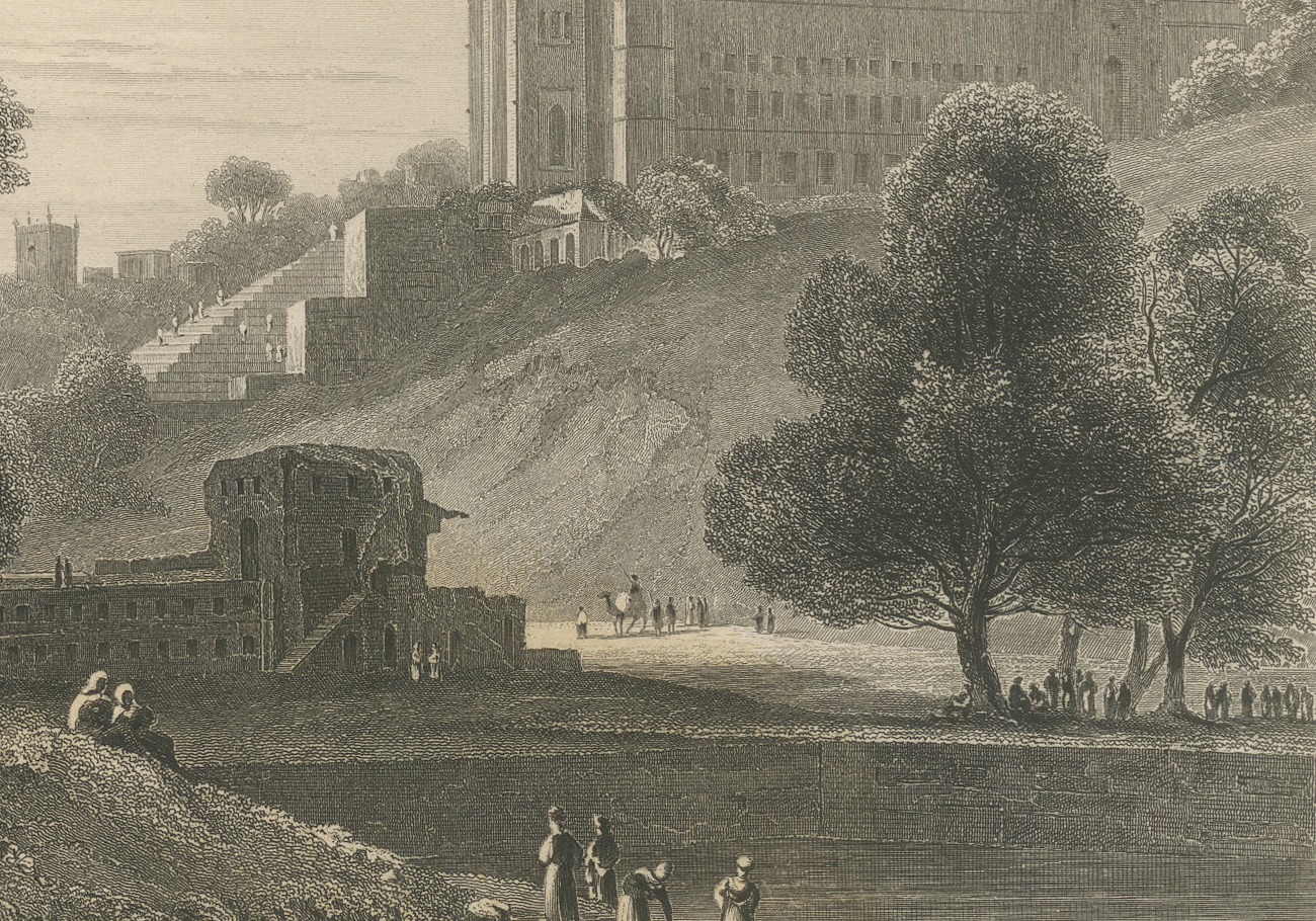 Fatehpur Sikri, Hilltop Palace above a Lake, Antique Steel Engraving, 1859
