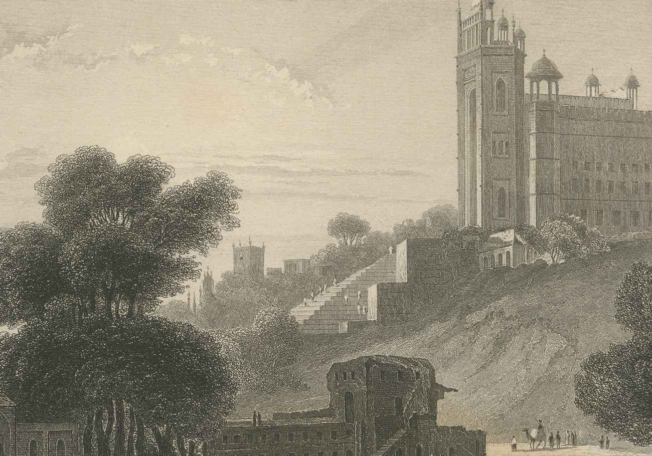 Fatehpur Sikri, Hilltop Palace above a Lake, Antique Steel Engraving, 1859