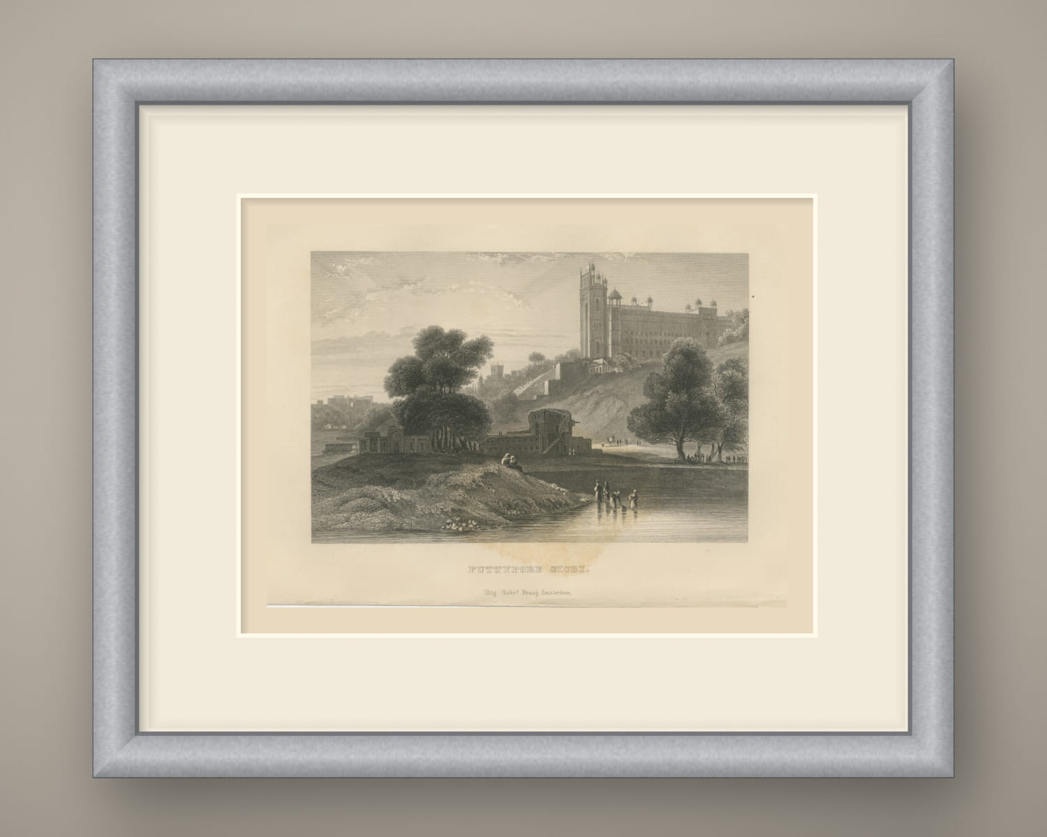 Fatehpur Sikri, Hilltop Palace above a Lake, Antique Steel Engraving, 1859