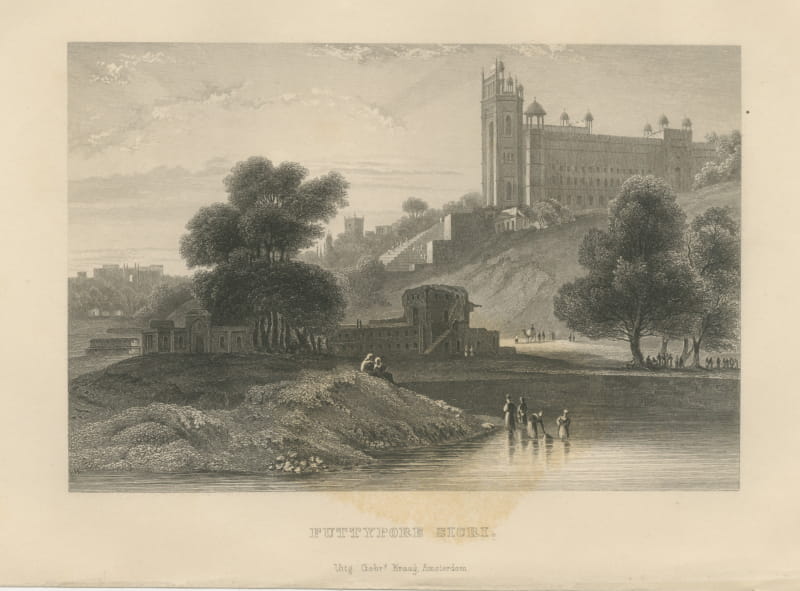 Fatehpur Sikri, Hilltop Palace above a Lake, Antique Steel Engraving, 1859