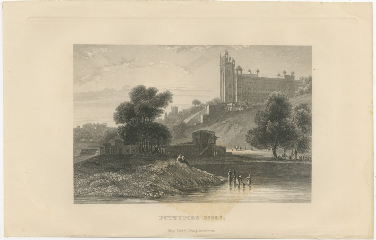 Fatehpur Sikri, Hilltop Palace above a Lake, Antique Steel Engraving, 1859