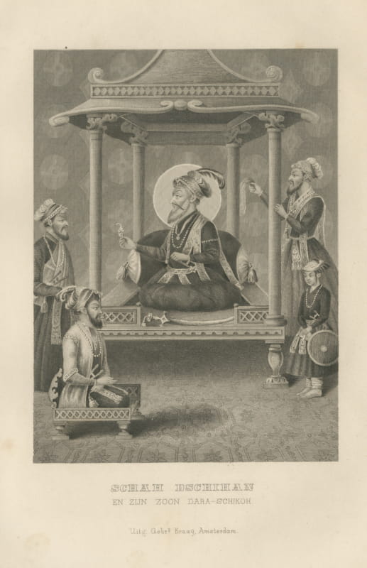 Shah Jahan and His Son Dara Shikoh Enthroned, Antique Steel Engraving, 1859