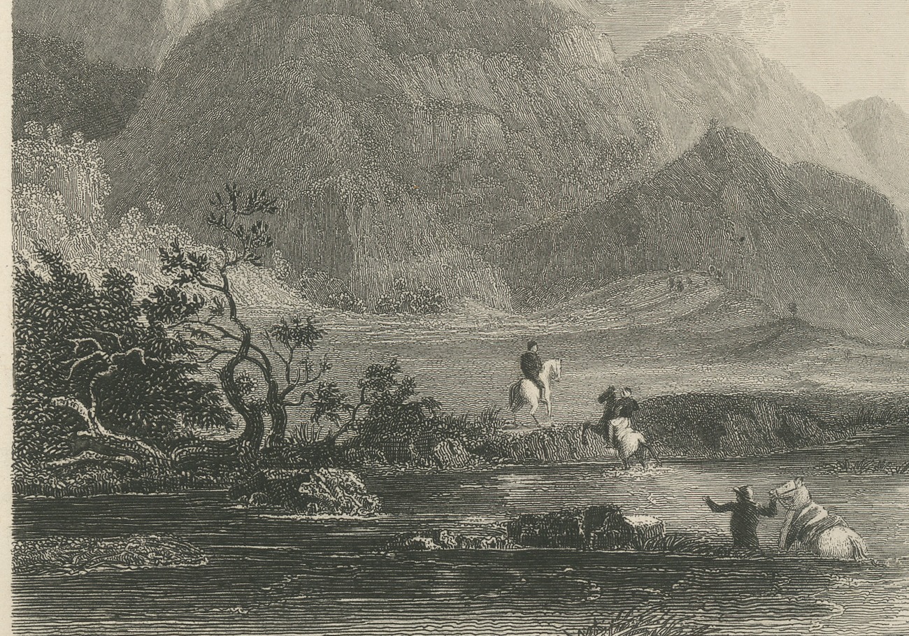 Landscape of Kutch, Horsemen Fording a River, Antique Steel Engraving, 1859