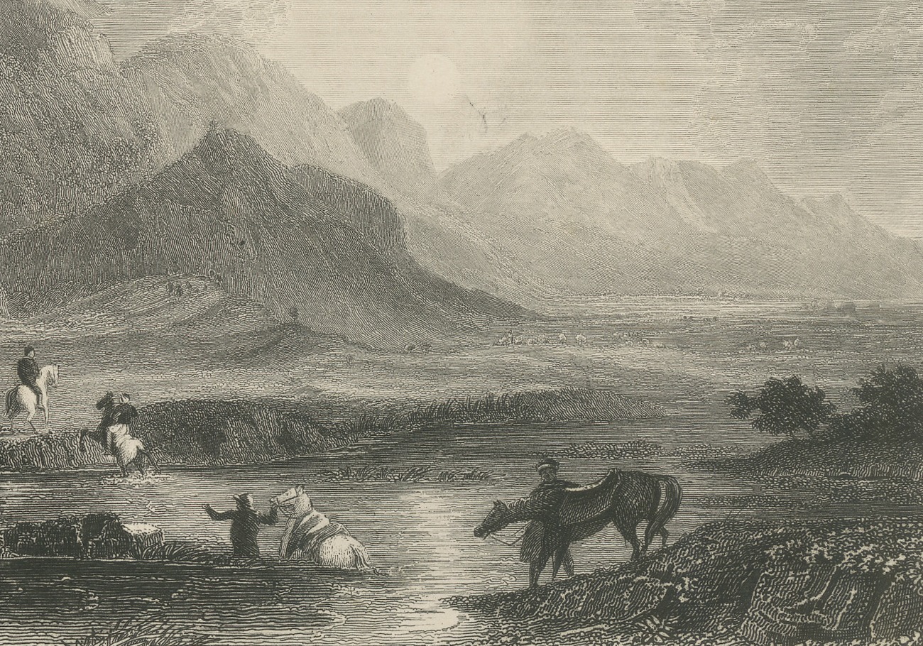 Landscape of Kutch, Horsemen Fording a River, Antique Steel Engraving, 1859