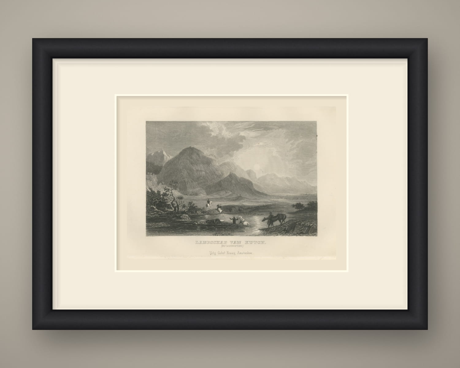 Landscape of Kutch, Horsemen Fording a River, Antique Steel Engraving, 1859