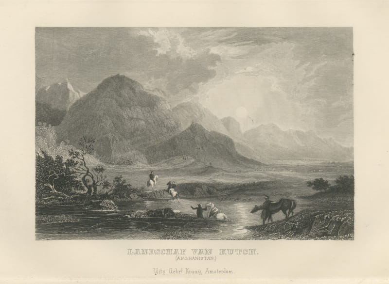 Landscape of Kutch, Horsemen Fording a River, Antique Steel Engraving, 1859