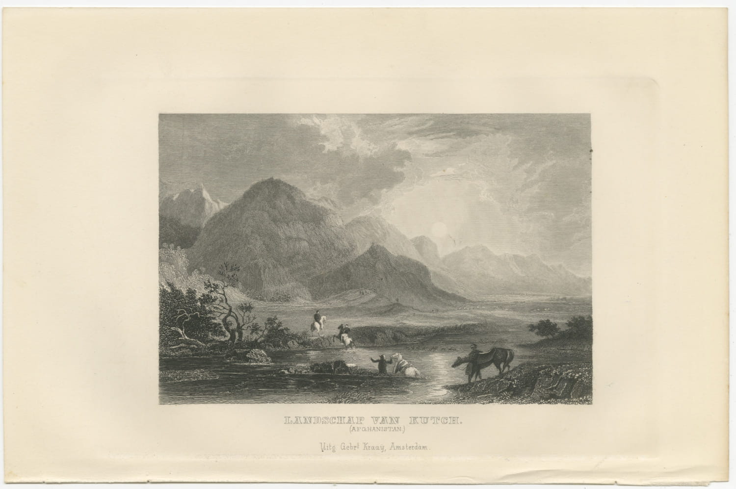 Landscape of Kutch, Horsemen Fording a River, Antique Steel Engraving, 1859