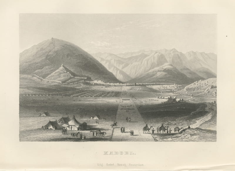 View of Kabul with Its Hilltop Walls and Encampment, Steel Engraving, 1859