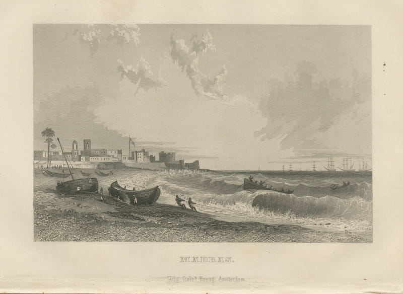 Madras, Surf Boats on the Beach, Antique Steel Engraving, 1859