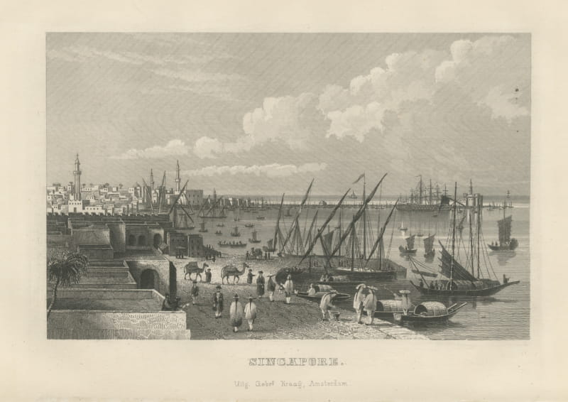 Singapore Harbor with Junks and Sailing Ships, Antique Steel Engraving, 1859
