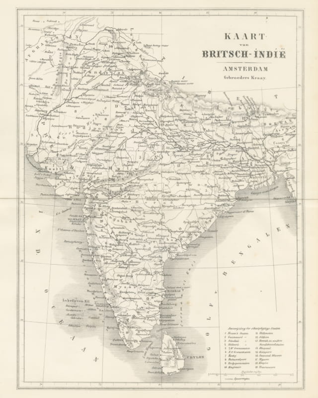 Map of British India with Princely States and Railways, Antique Map, 1859