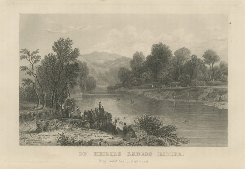 Pilgrims Bathing in the Sacred Ganges River, Antique Steel Engraving, 1859