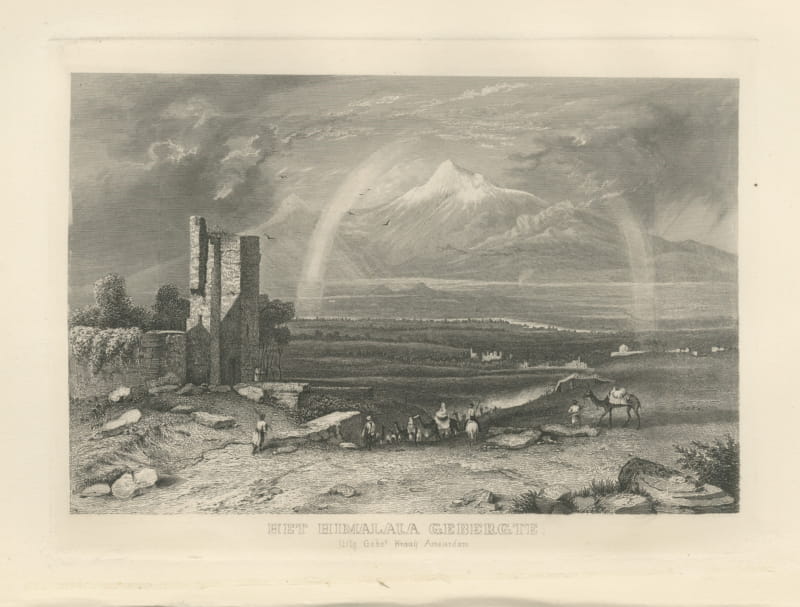 The Himalaya Range with a Rainbow and Caravan, Antique Steel Engraving, 1859