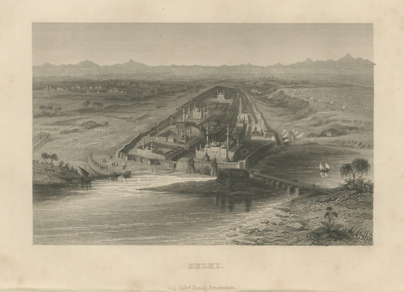 Bird's Eye View of Delhi on Its River, Antique Steel Engraving, 1859