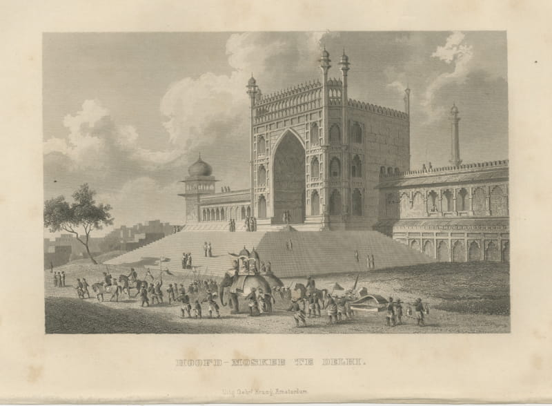 The Great Mosque of Delhi with an Elephant Procession, Steel Engraving, 1859