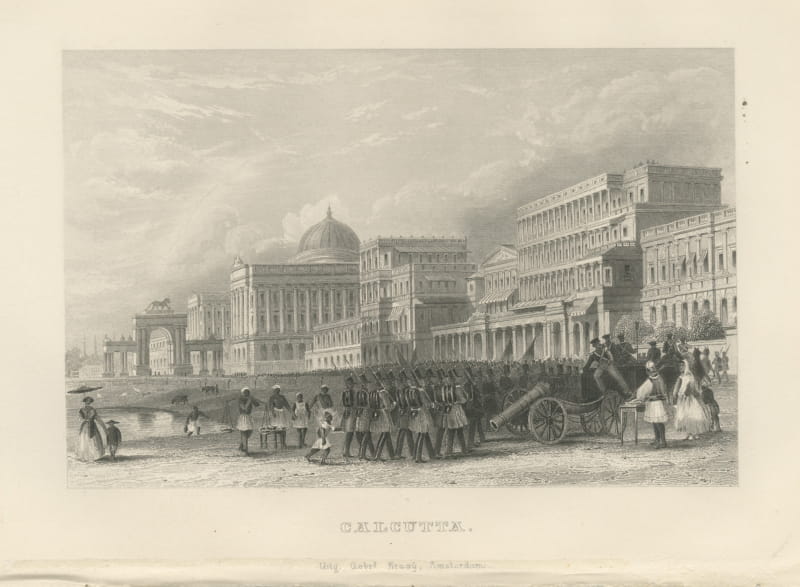 Calcutta, Soldiers and Artillery Before Classical Palaces, Engraving, 1859