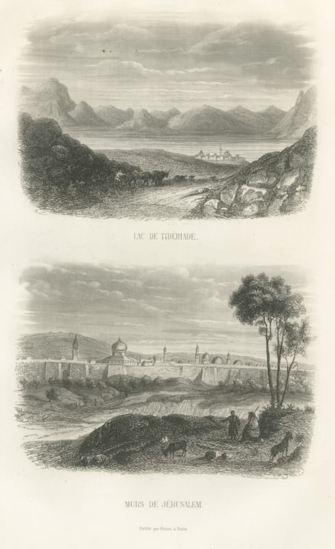 Sea of Galilee at Tiberias and Walls of Jerusalem, Antique Print, 1859