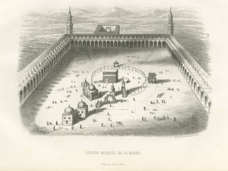 Great Mosque of Mecca with the Kaaba, Antique Steel Engraving, 1859