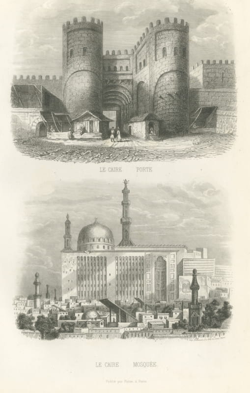 Cairo City Gate and Great Mosque, Egypt, Antique Steel Engraving, 1859