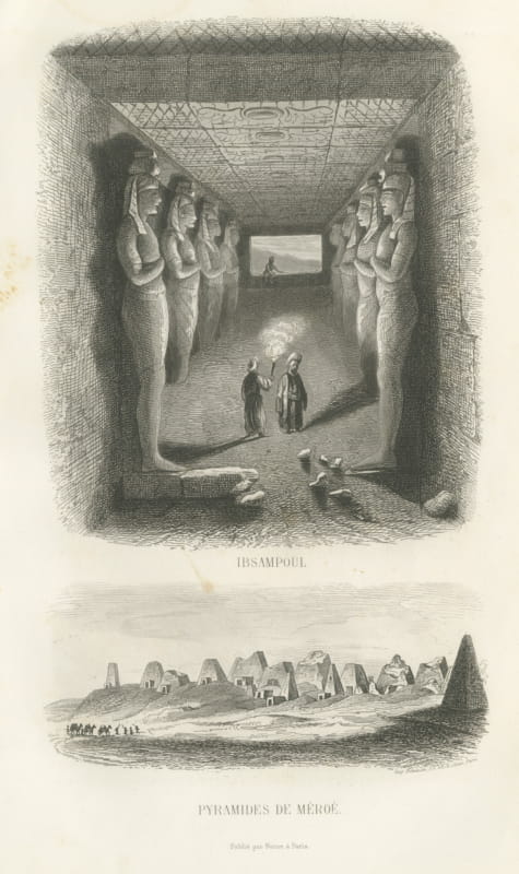 Abu Simbel Temple Interior and Pyramids of Meroë, Antique Print, 1859