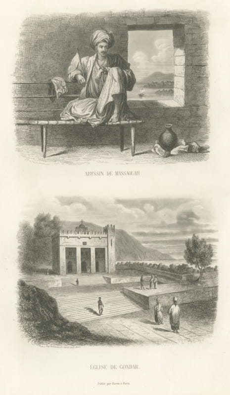 Abyssinian of Massawa and Church at Gondar, Ethiopia, Antique Print, 1859