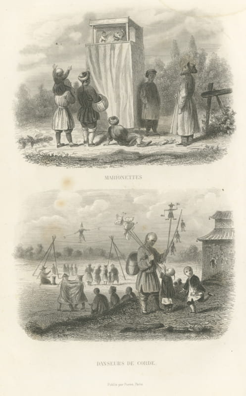 Chinese Puppet Show and Rope Dancers, Antique Steel Engraving, 1859