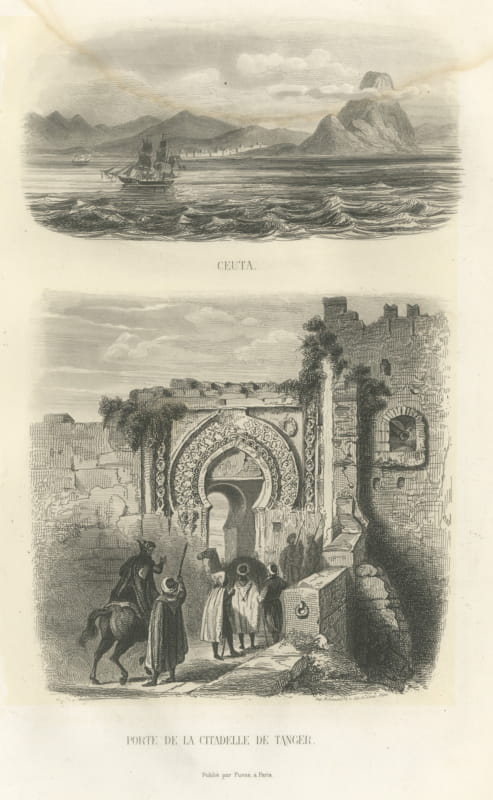 Ceuta from the Sea and Citadel Gate of Tangier, Morocco, Antique Print, 1859
