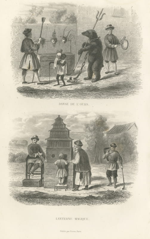 Chinese Dancing Bear and Magic Lantern Show, Antique Steel Engraving, 1859