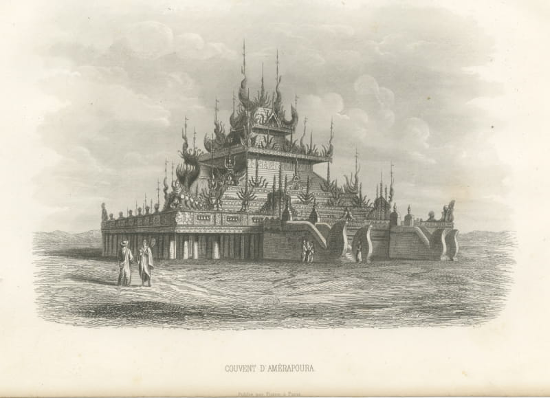 Buddhist Monastery at Amarapura, Burma, Antique Steel Engraving, 1859