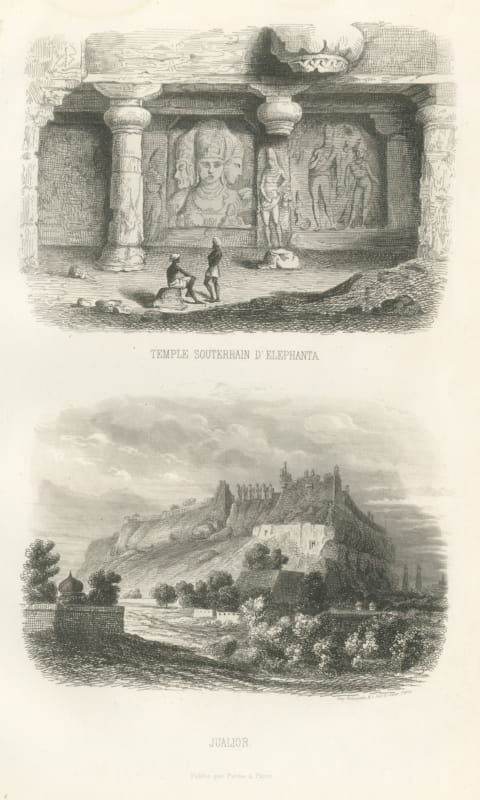 Elephanta Cave Temple and Gwalior Fort, India, Antique Steel Engraving, 1859