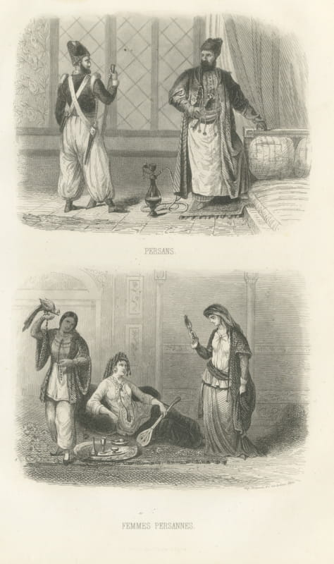Persian Men and Women in Traditional Dress, Antique Steel Engraving, 1859